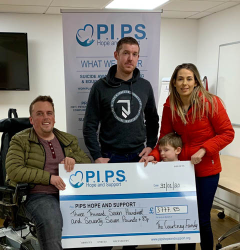 Neil, Tiarnán and Caoimhe Courtney pictured presenting PIPS Hope and Support’s Padraig Harte with a cheque for a remarkable £3,777.58 Neil, Tiarnán and Caoimhe Courtney pictured presenting PIPS Hope and Support’s Padraig Harte with a cheque for a remarkable £3,777.58
