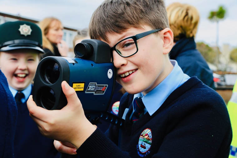 Liam McCartan from St Columban’s PS, Kilkeel on the lookout for speeding motorists at the Kids’ Court event supported by the PSNI and Newry, Mourne and Down Policing and Community Safety Partnership.