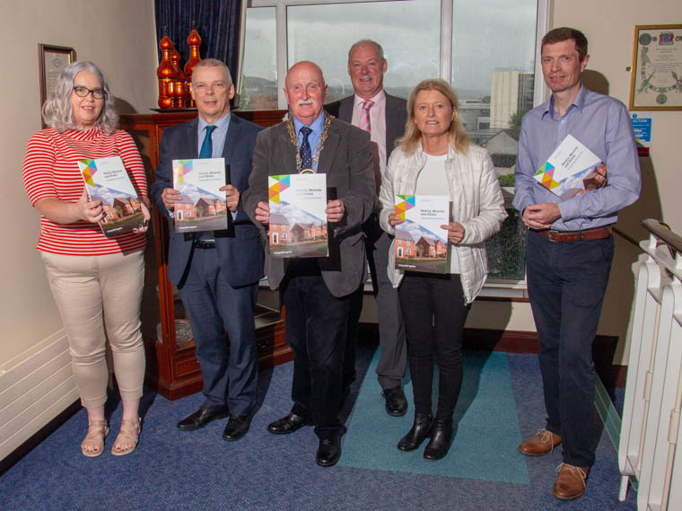 Newry, Mourne and Down District Council launched its new Housing Need Action Plan for the district on Wednesday 21 August. From left: Ailbhe Hickey, Head of Placeshaping-South Region, Northern Ireland Housing Executive; Comghal McQuillan, Southern Regional Manager, Northern Ireland Housing Executive; Councillor Charlie Casey, Newry, Mourne and Down District Council Chairperson; Liam Hannaway, Chief Executive, Newry, Mourne and Down District Council; Catherine McInerney, Department for Communities; Michael McQuiston, Senior Planner, Newry, Mourne and Down District Council.