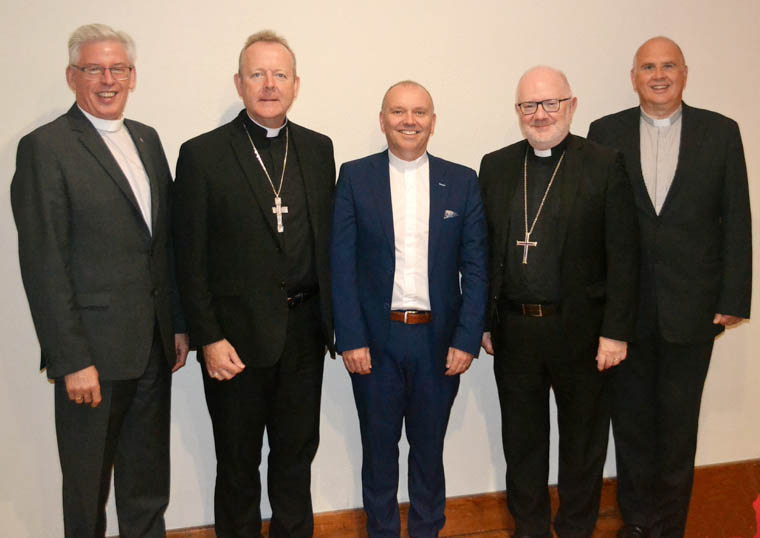 The leaders of Ireland’s main churches (left to right) Rev Sam McGuffin, President of the Methodist Church in Ireland, Most Rev Eamon Martin, Roman Catholic Archbishop of Armagh & Primate of all Ireland, Rt Rev Dr William Henry, Moderator of the General Assembly of the Presbyterian Church in Ireland, Most Rev Dr Richard Clarke, Church of Ireland Archbishop of Armagh & Primate of All Ireland and Rev Brian Anderson, President of the Irish Council of Churches