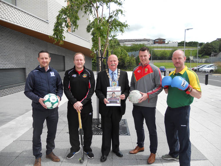 Local sporting personalities support Men’s Health Week with Newry, Mourne and Down District Council Chairperson, Councillor Charlie Casey. L-R: Darren Mullen, Jeremy Greer, Newry, Mourne and Down District Council Chairperson, Councillor Charlie Casey, John Clarke and Adrian Patterson. Local sporting personalities support Men’s Health Week with Newry, Mourne and Down District Council Chairperson, Councillor Charlie Casey. L-R: Darren Mullen, Jeremy Greer, Newry, Mourne and Down District Council Chairperson, Councillor Charlie Casey, John Clarke and Adrian Patterson.