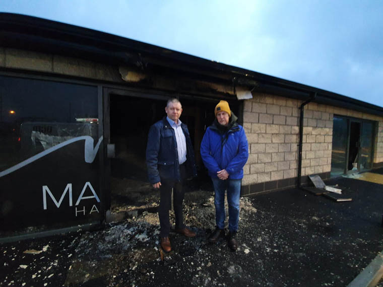 Cllr Mickey Larkin and Mickey Brady MP at the scene of the fire in Jonesborough.