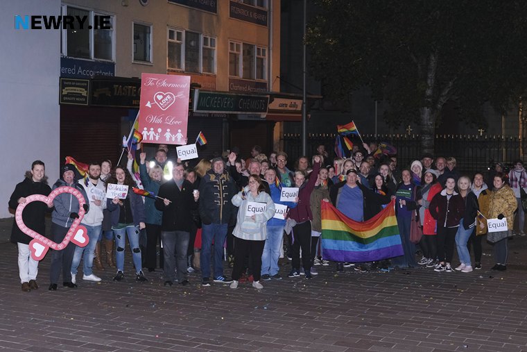 Celebrating the announcement of same sex marriage legislation last October in Marcus Square in Newry. Photograph: Columba O'Hare/ Newry.ie Celebrating the announcement of same sex marriage legislation last October in Marcus Square in Newry. Photograph: Columba O'Hare/ Newry.ie
