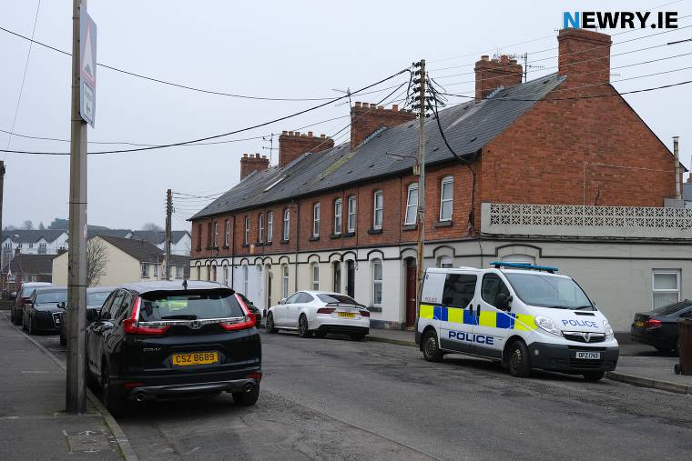 Police conducted a search in Erskine Street, Newry. An engagement ring stolen in 2020 from Strabane was found during the search. Photograph: Columba O'Hare/ Newry.ie Police conducted a search in Erskine Street, Newry. An engagement ring stolen in 2020 from Strabane was found during the search. Photograph: Columba O'Hare/ Newry.ie