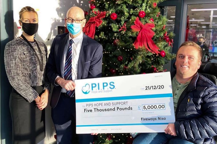 Fiveways Yvonne Carr and Frank Hagan presenting the cheque for £5,000.00 to PIPS Hope and Support’s Padraig Harte Fiveways Yvonne Carr and Frank Hagan presenting the cheque for £5,000.00 to PIPS Hope and Support’s Padraig Harte