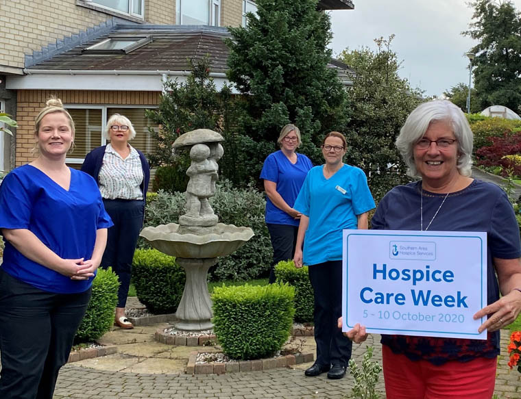 Supporting Hospice Care Week are from left: Richella Quinn (Nursing Auxiliary), Roberta Wilson (Acting Registered Manager), Bernie Farrell (Staff Nurse), Jennifer Mc Laughlin (Staff Nurse), and Liz Cuddy OBE DL (Chief Executive) Supporting Hospice Care Week are from left: Richella Quinn (Nursing Auxiliary), Roberta Wilson (Acting Registered Manager), Bernie Farrell (Staff Nurse), Jennifer Mc Laughlin (Staff Nurse), and Liz Cuddy OBE DL (Chief Executive)