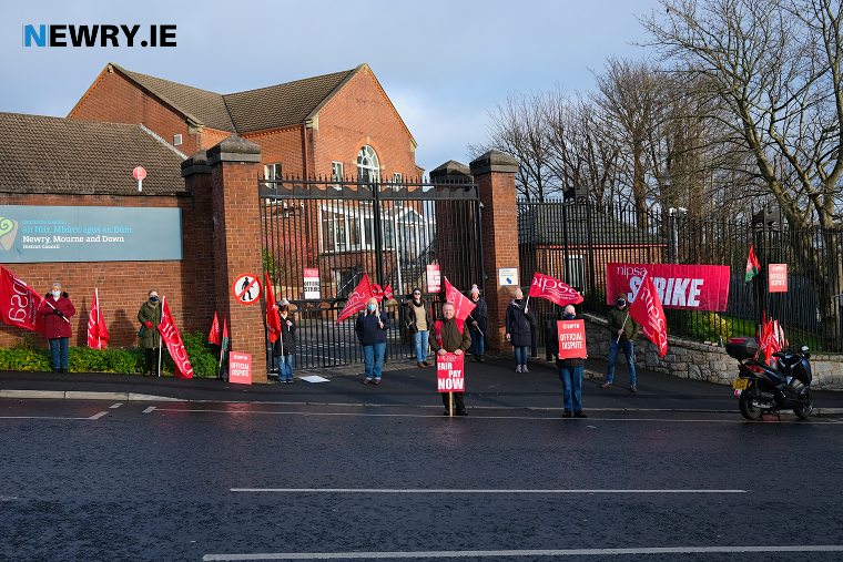 Newry, Mourne and Down District Council workers striking outside the Council Offices at Monaghan Row in Newry. Photograph: Columba O'Hare/ Newry.ie Newry, Mourne and Down District Council workers striking outside the Council Offices at Monaghan Row in Newry. Photograph: Columba O'Hare/ Newry.ie