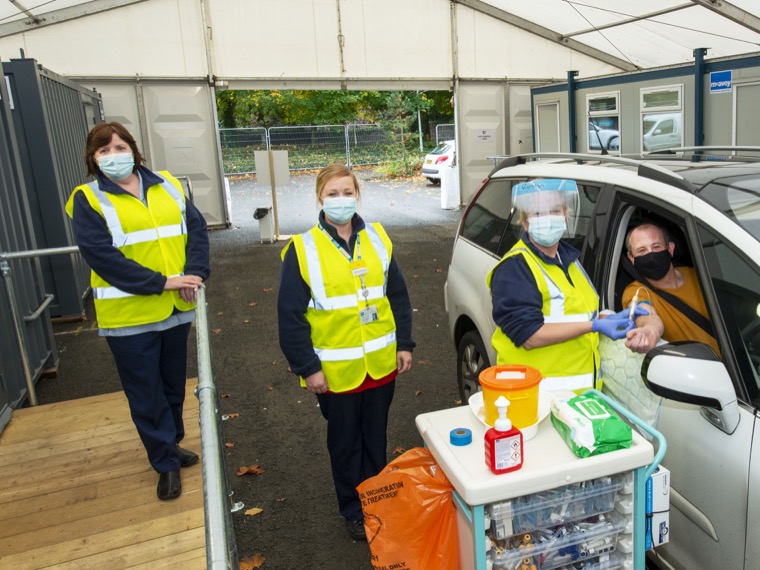 The drive through phlebotomy team Sister Jo Percival and Health Care Assistants Denise Mc Lernon and Roslyn Lowry. Patient David Wilson.