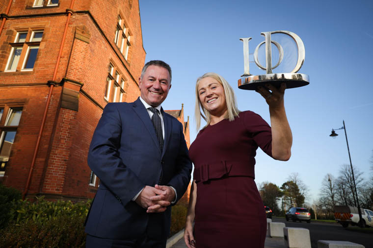 Celebrating the Institute of Directors NI (IoD NI) Director of the Year Awards, which were held virtually for the first time due to the COVID-19 pandemic. IoD NI chairman Gordon Milligan joins Orla McGerr, Corporate Manager of event sponsor AIB.