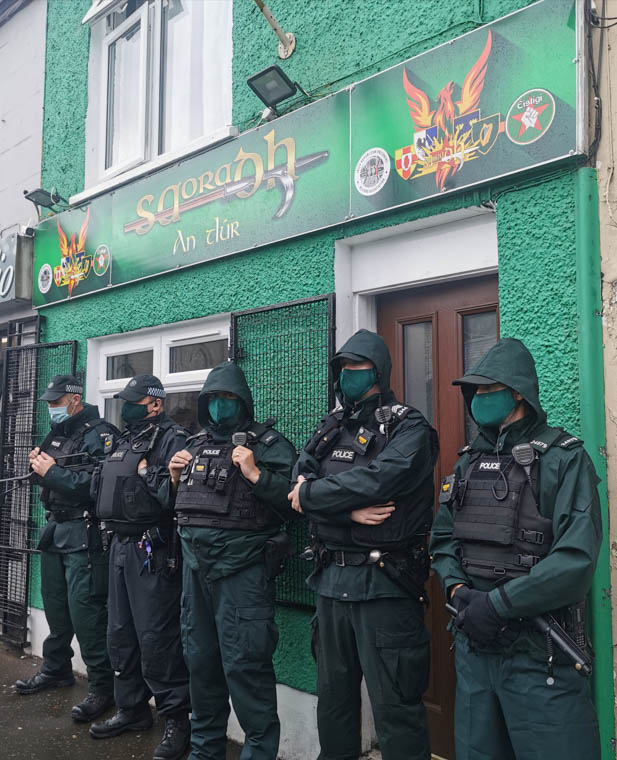 Police at the Saoradh Office in Newry. Police at the Saoradh Office in Newry.