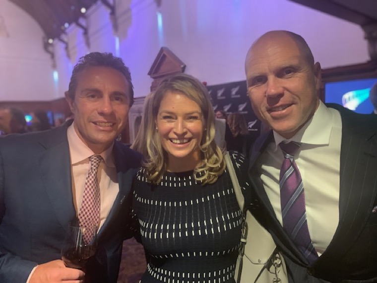 Gabrielle Burns enjoying the New Zealand embassy's opening reception in Dublin during 2018 with two famous sporting heroes also from her native Southland region of South Island, NZ.
Justin Marshall, left, All Black captain in 1997, who played halfback 1995 – 2005, and Legend Jeff Wilson, who was both a rugby All Black and cricket Black Cap in the 90s. Gabrielle Burns enjoying the New Zealand embassy's opening reception in Dublin during 2018 with two famous sporting heroes also from her native Southland region of South Island, NZ.
Justin Marshall, left, All Black captain in 1997, who played halfback 1995 – 2005, and Legend Jeff Wilson, who was both a rugby All Black and cricket Black Cap in the 90s.