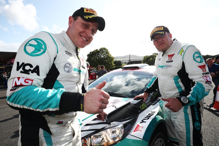 Matt Edwards (L) and Patrick Walsh earned an important British Rally Championship win at the Ulster Rally in 2019 – a result that paved the way for Edwards to clinch a second title. Credit: Jakob Ebrey.