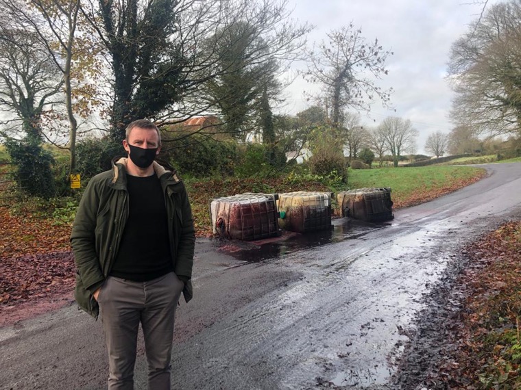 MLA Justin McNulty at the scene of the latest roadside dumping of fuel laundering waste.