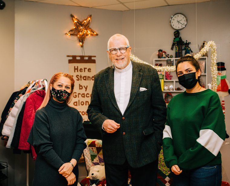 Presbyterian Moderator, Rt Rev Dr David Bruce, is pictured at PCI’s Op Shop at Carlisle Circus in Belfast with two of the shop’s volunteers from Iran, Fahimeh Akhlaghi (left) and Zorhre Ghandooh (right).