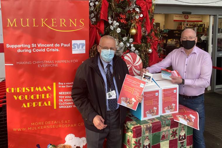 Brian McEvoy (SVP) and Terry Mulkerns (Mulkerns SPAR & EUROSPAR) at the launch of the Christmas Appeal. Brian McEvoy (SVP) and Terry Mulkerns (Mulkerns SPAR & EUROSPAR) at the launch of the Christmas Appeal.