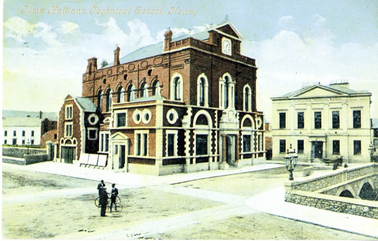 Newry Town Hall in the 1900s. The construction of the Town Hall, which opened in 1894, was one of the last major achievements of the Town Commissioners.  Newry and Mourne Museum Collection