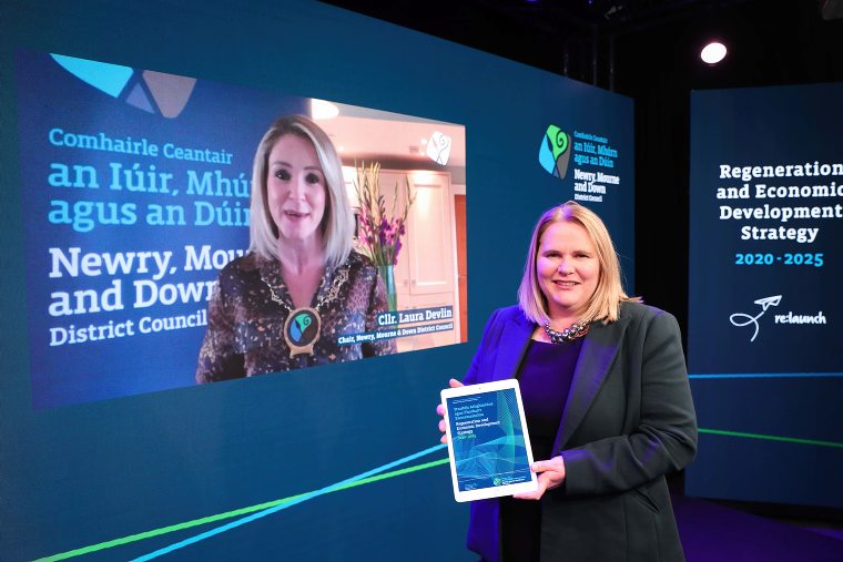Newry, Mourne and Down District Council Chairperson, Councillor Laura Devlin (on screen) and the Council’s Chief Executive Marie Ward attend the NMD Regeneration and Economic Development Strategy 2020-2025 launch on Thursday 12 November 2020. Newry, Mourne and Down District Council Chairperson, Councillor Laura Devlin (on screen) and the Council’s Chief Executive Marie Ward attend the NMD Regeneration and Economic Development Strategy 2020-2025 launch on Thursday 12 November 2020.