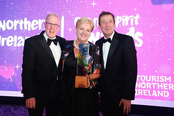 Pictured at the Slieve Donard Resort, Newcastle, County Down are Pamela and Peter Houston, Cranfield Alpacas winner of Tourism NI’s Best Tourism experience (Small) award, presented by Shane Clark of Tourism Ireland.