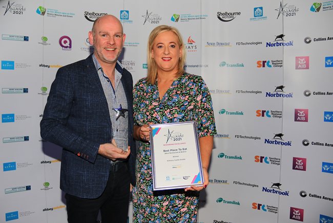 Best Place to Eat in category Best Restaurant & Bistro Winner at Newry Chamber of Commerce and Trade Business Awards was Killeavy Castle Estate represented by Jason Foody General Manager accepts the Award from Sponsor Denise Curtis, Associate Director Personal Lines at Abbey Autoline. Best Place to Eat in category Best Restaurant & Bistro Winner at Newry Chamber of Commerce and Trade Business Awards was Killeavy Castle Estate represented by Jason Foody General Manager accepts the Award from Sponsor Denise Curtis, Associate Director Personal Lines at Abbey Autoline.