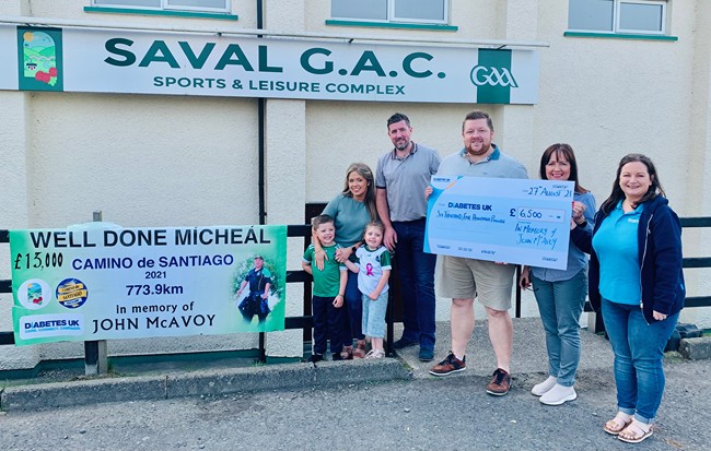 Michéal McAvoy and family present a cheque £6500 to Naomi Breen of Diabetes UK NI. Michéal McAvoy and family present a cheque £6500 to Naomi Breen of Diabetes UK NI.