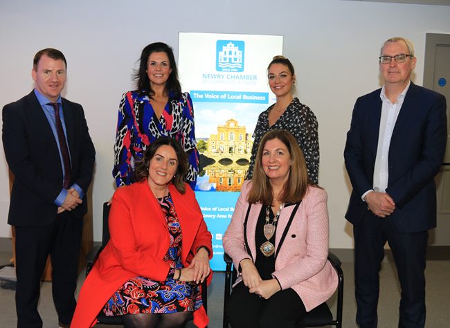 Newry Chamber of Commerce and Trade appoint Officers and New Board Member at their Annual General Meeting. L-R: Back Row: Tony McKeown CEO, Outgoing President Emma Mullen-Marmion, Jackie Reid newly elected Board Member, Kieran Grant newly elected Treasurer, front row: Edwina Flynn Vice President and President Julie Gibbons at Newry Chamber of Commerce and Trade Annual General Meeting. Newry Chamber of Commerce and Trade appoint Officers and New Board Member at their Annual General Meeting. L-R: Back Row: Tony McKeown CEO, Outgoing President Emma Mullen-Marmion, Jackie Reid newly elected Board Member, Kieran Grant newly elected Treasurer, front row: Edwina Flynn Vice President and President Julie Gibbons at Newry Chamber of Commerce and Trade Annual General Meeting.