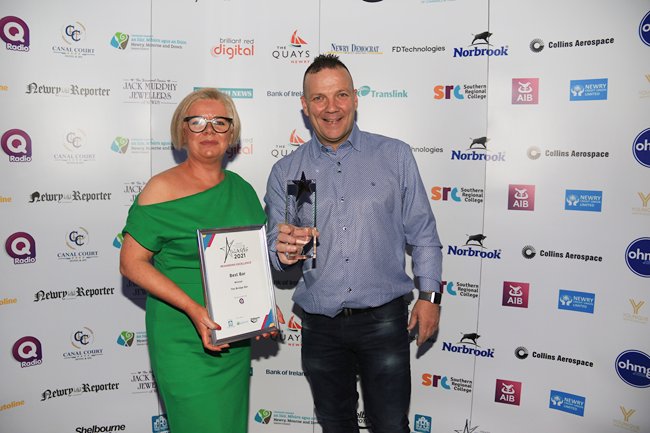 Best Bar Award Winner was presented by Sponsor Sinead Cavanagh, Group Sales Operation Manager at Q Radio to the Winner 'The Bridge Bar' represented by Shane Baker. Best Bar Award Winner was presented by Sponsor Sinead Cavanagh, Group Sales Operation Manager at Q Radio to the Winner 'The Bridge Bar' represented by Shane Baker.
