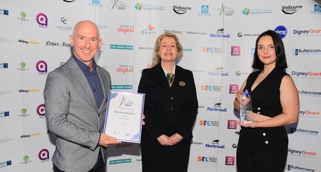 Best Green Business Award was presented by sponsor Gemma Adams Deputy General Manager Canal Court Hotel & Spa to Winner Around Noon represented by Philip Morgan and Liliana Zenova. Best Green Business Award was presented by sponsor Gemma Adams Deputy General Manager Canal Court Hotel & Spa to Winner Around Noon represented by Philip Morgan and Liliana Zenova.