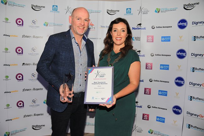Best Tourism & Hospitality Business Award was presented to Winner Killeavy Castle Estate represented by Jason Foody General Manager who accepted the Award from Sponsor Chairperson Newry, Mourne and Down District Council, Councillor Cathy Mason. Best Tourism & Hospitality Business Award was presented to Winner Killeavy Castle Estate represented by Jason Foody General Manager who accepted the Award from Sponsor Chairperson Newry, Mourne and Down District Council, Councillor Cathy Mason.