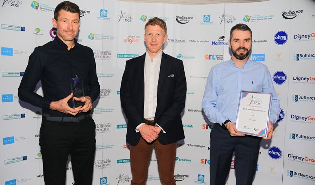Best Innovative Business Award Winner HBE represented by Clive Clarke M.D and David Sharkey Head of Innovations accept their Award from Sponsor Mark McGivern, Senior Vice President of FD Technologies. Best Innovative Business Award Winner HBE represented by Clive Clarke M.D and David Sharkey Head of Innovations accept their Award from Sponsor Mark McGivern, Senior Vice President of FD Technologies.