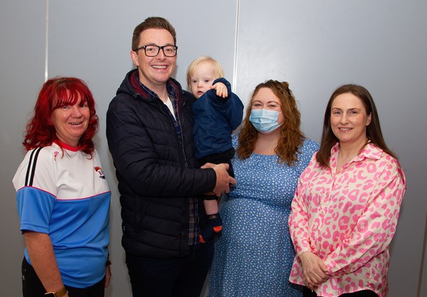 Pictured from left are: Kate McStravick, Speech Facilitator, Garret O’Hare, MD Bradley NI with his son Evan, Tony Quinn Speech and Language Therapist and Down Right Brilliant Co Chair Caroline Digney.