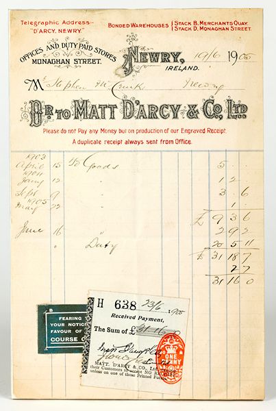 A receipt from Matt D'Arcy and Co., Ltd. to Mr Stephen McCrink relating to goods, 19th June 1905. This receipt is on display in Newry and Mourne Museum. Newry and Mourne Museum Collection A receipt from Matt D'Arcy and Co., Ltd. to Mr Stephen McCrink relating to goods, 19th June 1905. This receipt is on display in Newry and Mourne Museum. Newry and Mourne Museum Collection