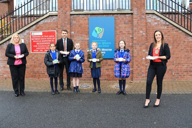 Newry, Mourne and Down District Council Chairperson, Councillor Cathy Mason with (from left) Newry, Mourne and Down District Council CEO, Marie Ward, Brendan Byrne, St Clare's Abbey Primary School Teacher; with pupils Milena Palacz, Eimear Treanor, Loyla Shields and Sofia Mastrangioli. Newry, Mourne and Down District Council Chairperson, Councillor Cathy Mason with (from left) Newry, Mourne and Down District Council CEO, Marie Ward, Brendan Byrne, St Clare's Abbey Primary School Teacher; with pupils Milena Palacz, Eimear Treanor, Loyla Shields and Sofia Mastrangioli.