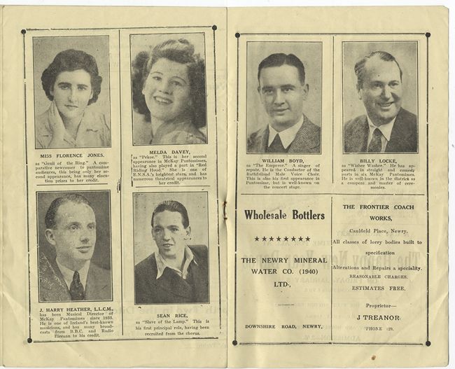 Some of the cast members in the programme from ‘Aladdin’, P.J. McKay’s twelfth annual pantomime held in 1944. P.J. McKay drew his casts from local drama and musical societies as well as from elsewhere in Ireland. Newry and Mourne Museum Collection