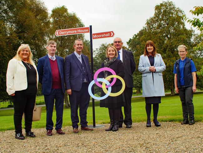 Pictured at Derrymore House in Bessbook Co.Armagh to view new facilities for the public, including a state-of-the-art play park are; (from left-right) Cllr Karen McKevitt, NMDDC Chair of Active and Healthy Communities, Cllr Al McDonnell; Mayo County Council and Carnacon Community Association, DAERA Minister Edwin Poots MLA, Cllr Roisin Mulgrew, Chair of Mourne, Gullion and Lecale Rural Development Partnership Ltd, Michael Lynch; Friends of Derrymore House, Antoinette McKeown, CEO Sport NI and Rosemary Richardson; National Trust. Derrymore Estate received £630,000 in funding through DAERA's Rural Development Programme in partnership with Moorehall Estate in Co.Mayo and Sport NI. Pictured at Derrymore House in Bessbook Co.Armagh to view new facilities for the public, including a state-of-the-art play park are; (from left-right) Cllr Karen McKevitt, NMDDC Chair of Active and Healthy Communities, Cllr Al McDonnell; Mayo County Council and Carnacon Community Association, DAERA Minister Edwin Poots MLA, Cllr Roisin Mulgrew, Chair of Mourne, Gullion and Lecale Rural Development Partnership Ltd, Michael Lynch; Friends of Derrymore House, Antoinette McKeown, CEO Sport NI and Rosemary Richardson; National Trust. Derrymore Estate received £630,000 in funding through DAERA's Rural Development Programme in partnership with Moorehall Estate in Co.Mayo and Sport NI.