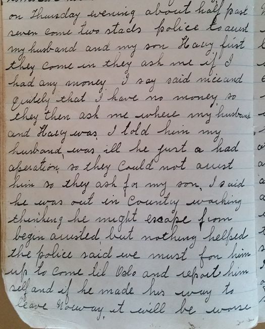 Extract from the diary of Florence Mendel’s diary describing how she explained to the police that her husband had had an operation and was ill. Courtesy of Lill Fanny Saether Extract from the diary of Florence Mendel’s diary describing how she explained to the police that her husband had had an operation and was ill. Courtesy of Lill Fanny Saether