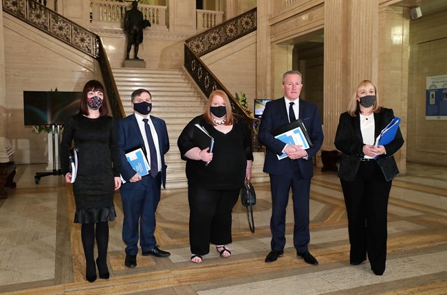 Ministers have today offered a public apology to victims and survivors of historical institutional abuse. Pictured at Parliament Buildings ahead of the apology are (L-R) Ministers Nichola Mallon, Robin Swann, Naomi Long, Conor Murphy and Michelle McIlveen. Ministers have today offered a public apology to victims and survivors of historical institutional abuse. Pictured at Parliament Buildings ahead of the apology are (L-R) Ministers Nichola Mallon, Robin Swann, Naomi Long, Conor Murphy and Michelle McIlveen.