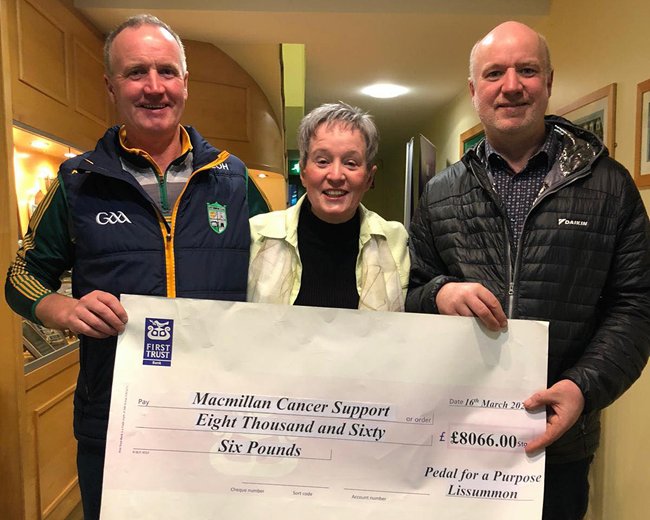 Picture are from left Eugene O’Hagan, Rose Barron and Paul O’Hagan from Lissummon at the cheque presentation in memory of their late mother. Picture are from left Eugene O’Hagan, Rose Barron and Paul O’Hagan from Lissummon at the cheque presentation in memory of their late mother.