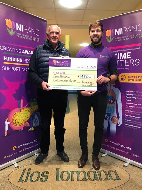 Michael McCaffery from Lissummon GFC (right) presents a cheque for £4500 to Ivan McMinn NIPANC following a 24 hour spinathon. Michael McCaffery from Lissummon GFC (right) presents a cheque for £4500 to Ivan McMinn NIPANC following a 24 hour spinathon.