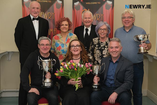 Prosperous Dramatic Society won the Canavan Cup Premier Award for their production of God of Carnage at Newry Drama Festival. Actor Robert Massey also won The Ardmore Cup for Best Actor. Included are front from left: Ciaran Healy, Director; Cyrena Hayes and Robert Massey, Prosperous Dramatic Society. Back: Brendan Durkin, Secure Shred, Main Festival Sponsor; Zita McGarry-Kelly; Brian Marjoribanks, Adjudicator; Maire Donaghey, Festival Chairperson and Dave O'Sullivan, Prosperous Dramatic Society. Photograph: Columba O'Hare/ Newry.ie