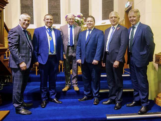 Rev Kenny Hanna (third from right) the Presbyterian Church in Ireland’s first Rural Chaplain at Mourne Presbyterian Church, Kilkeel, with (left to right) Victor Chestnut, President of the Ulster Farmers’ Union (UFU), Peter Alexander, President of the Young Farmers’ Clubs of Ulster (YFCU), Stuart Mills, YFCU Deputy President, William Irvine, UFU Deputy President and Barclay Bell, former president of the UFU. Rev Kenny Hanna (third from right) the Presbyterian Church in Ireland’s first Rural Chaplain at Mourne Presbyterian Church, Kilkeel, with (left to right) Victor Chestnut, President of the Ulster Farmers’ Union (UFU), Peter Alexander, President of the Young Farmers’ Clubs of Ulster (YFCU), Stuart Mills, YFCU Deputy President, William Irvine, UFU Deputy President and Barclay Bell, former president of the UFU.