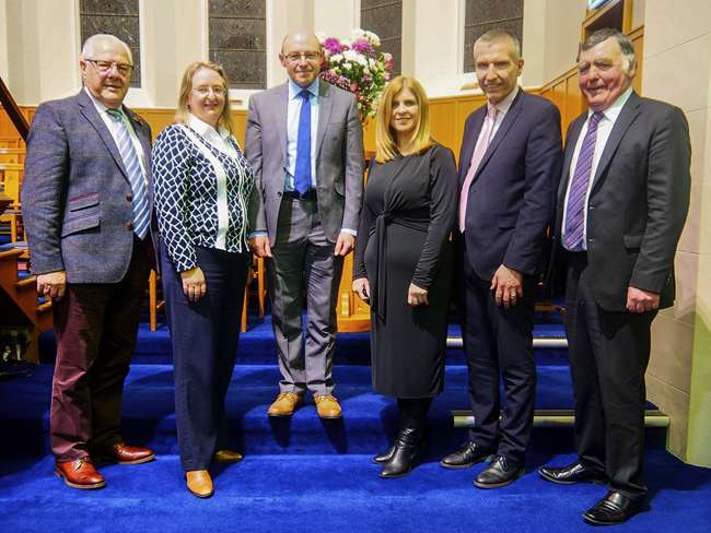 Pictured at the commissioning and induction service of Rev Kenny Hanna as the Presbyterian Church in Ireland’s (PCI) first Rural Chaplain at Mourne Presbyterian Church, Kilkeel, are (left to right) Dr Mike Johnston, Northern Ireland Dairy Council Chief Executive, Dr Elizabeth Magowan, Agri-Food and Biosciences Institute Director, Rev Kenny Hanna, Rural Chaplain, Veronica Morris, Rural Support Network Chief Executive, with Ian Stevenson, Livestock and Meat Commission Chief Executive and Sean Fitzpatrick of the Northern Ireland Agricultural Producers Association. Pictured at the commissioning and induction service of Rev Kenny Hanna as the Presbyterian Church in Ireland’s (PCI) first Rural Chaplain at Mourne Presbyterian Church, Kilkeel, are (left to right) Dr Mike Johnston, Northern Ireland Dairy Council Chief Executive, Dr Elizabeth Magowan, Agri-Food and Biosciences Institute Director, Rev Kenny Hanna, Rural Chaplain, Veronica Morris, Rural Support Network Chief Executive, with Ian Stevenson, Livestock and Meat Commission Chief Executive and Sean Fitzpatrick of the Northern Ireland Agricultural Producers Association.