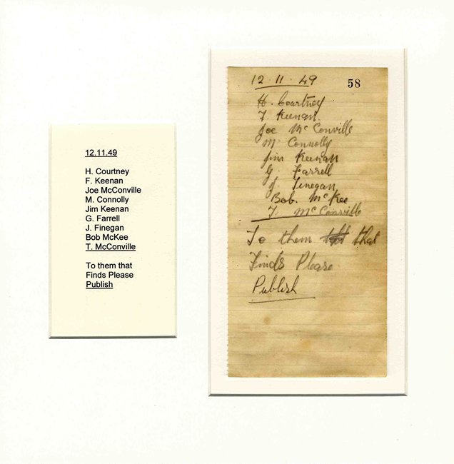 Handwritten list of names found in a bottle during the restoration of Bagenal’s Castle in 2005. Dated 12/11/1949, the names have been identified as the nightshift workers at the Bakery. Newry and Mourne Museum Collection Handwritten list of names found in a bottle during the restoration of Bagenal’s Castle in 2005. Dated 12/11/1949, the names have been identified as the nightshift workers at the Bakery. Newry and Mourne Museum Collection