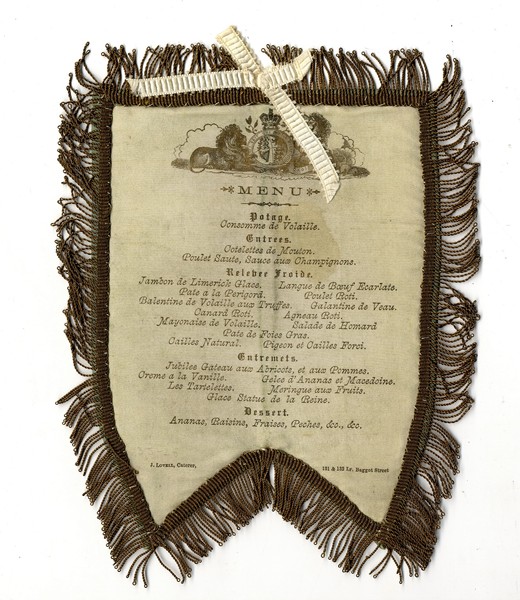 Silk menu from a dinner held in Dublin, possibly at Dublin Castle, to make the Golden Jubilee of Queen Victoria in 1887. Newry and Mourne Museum Collection Silk menu from a dinner held in Dublin, possibly at Dublin Castle, to make the Golden Jubilee of Queen Victoria in 1887. Newry and Mourne Museum Collection