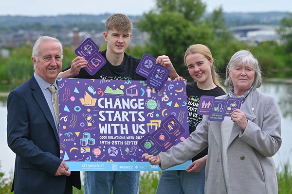 Pictured launching this year’s ‘Change Starts With Us’ theme is Martin McDonald MBE, Chair of the Community Relations Council and Jacqueline Irwin, Chief Executive of the Community Relations Council alongside James Day and Rosa Day. Pictured launching this year’s ‘Change Starts With Us’ theme is Martin McDonald MBE, Chair of the Community Relations Council and Jacqueline Irwin, Chief Executive of the Community Relations Council alongside James Day and Rosa Day.