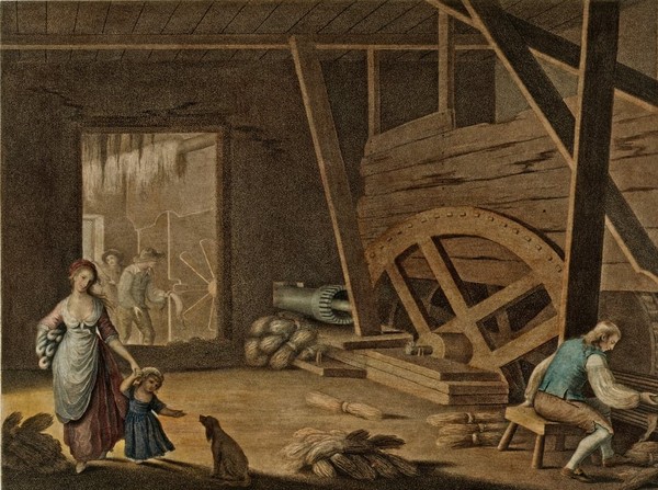 Framed colour print inscribed 'A perspective view of a Scutch Mill, with the method of breaking the flax with groved rollers, and scutching it with blades fixt on a shaft, both turn'd by the main wheel, Great Improvements in the Method of Breaking and Scutching of Flax'. Published on July 4th 1783 in London, this is one of twelve engravings by William Hinks which illustrate the processes involved in linen manufacture in Ulster. Newry and Mourne Museum Collection