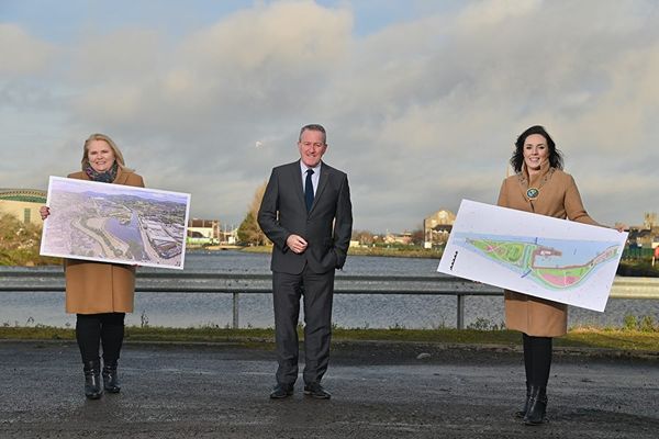 Making the announcement in December 2021 - Marie Ward, CEO, Newry, Mourne and Down District Council; Minister for Finance, Conor Murphy, MLA and Council Chairperson, Councillor Cathy Mason.