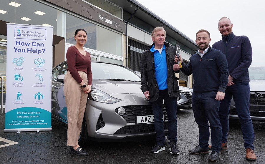 Pictured with the new car are from left: Sarah O’Hare SAHS; Ian Lyttle, Competition Winner; James McCaffrey SAHS; Graeme Blevins Sales Saltmarine.