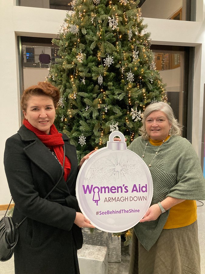 Local Actress Pauline Lynch who voice’s Cora’s story in the Women’s Aid Armagh Down, ‘See Behind the Shine’ Campaign is pictured at the launch of ‘Cora’s Story’ with Eileen Murphy, CEO, Women’s Aid Armagh Down.