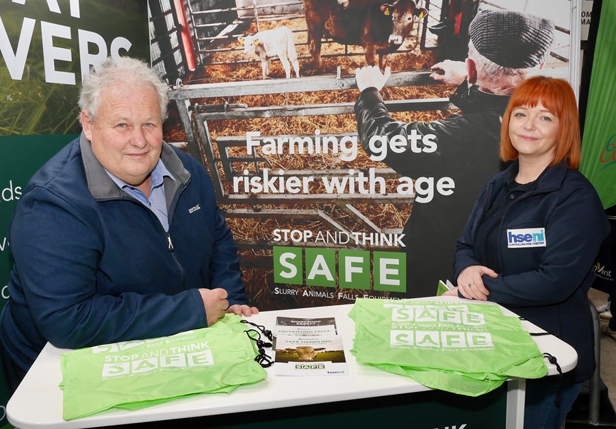 Launching the ‘Farming gets riskier with age’ campaign at the Royal Ulster Winter Fair in Lisburn this week, is Harry Sinclair, Chairperson of the Farm Safety Partnership (FSP), and HSENI Principal Inspector Camilla Mackey
