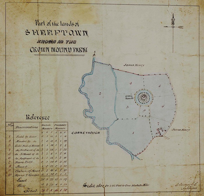 Map of the Crown Mound Farm dating from 1888. The map shows the Crown Mound as a motte and bailey at the centre of the farm. Newry and Mourne Museum Collection.